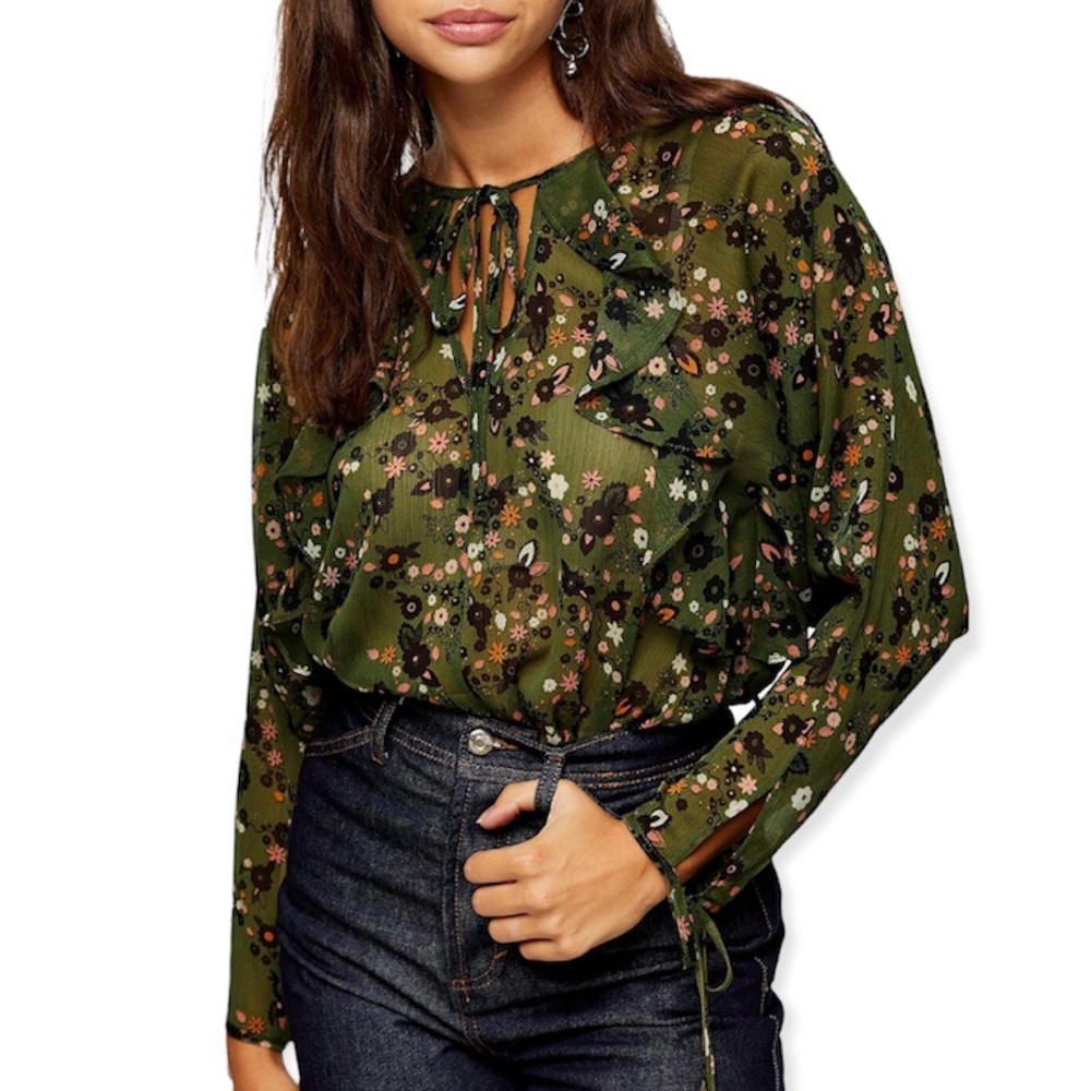 Topshop Green Floral Chiffon Blouse